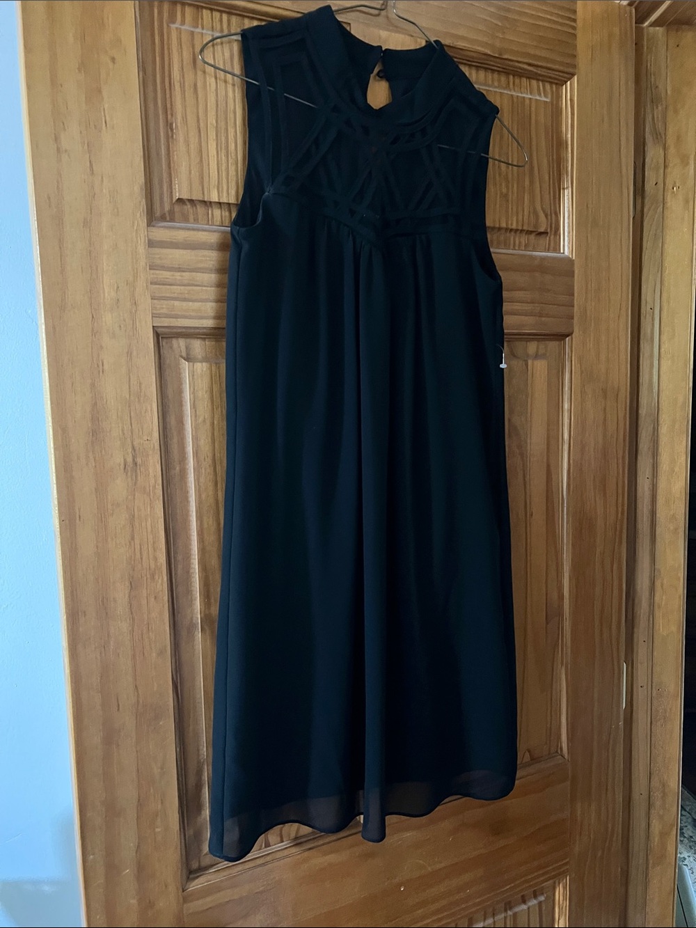 A. Byer Black Sleeveless Mini Dress with Geometric Lace Yoke